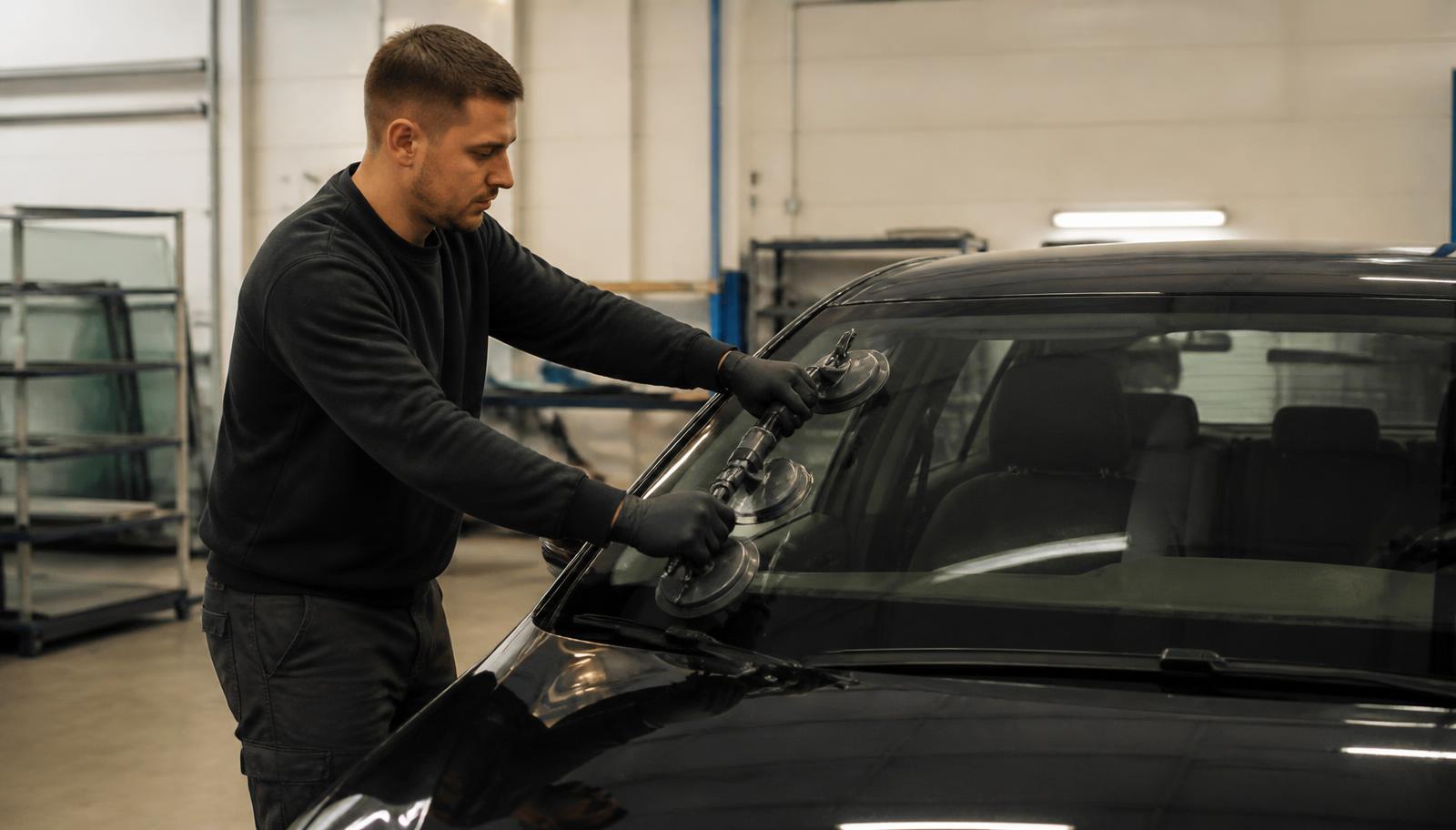 Technician fitting a replacement windscreen with suction handles