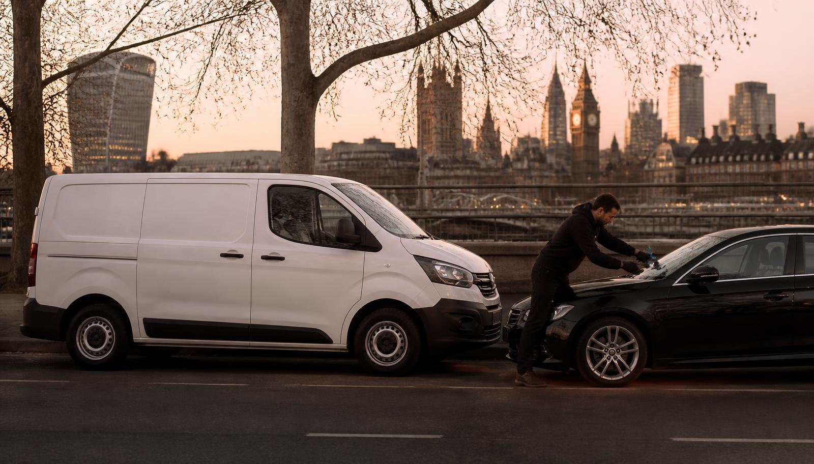 Mobile car glass van and technician working on a windscreen in London